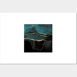 Watercolor Agate in Dark Teal Green Faux Gold Veins Posters and Art